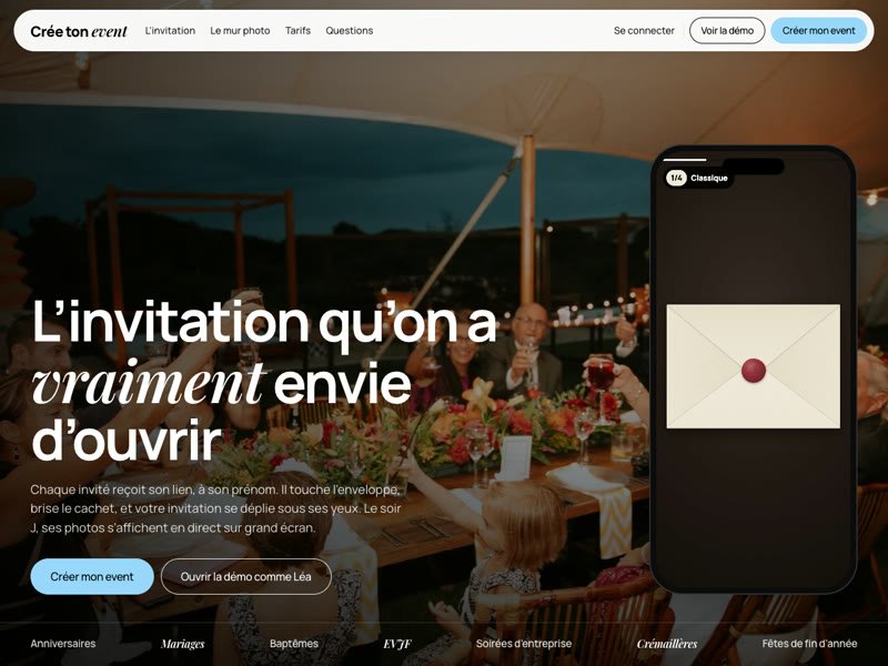 Crée ton event, plateforme d’invitations animées et de mur photo